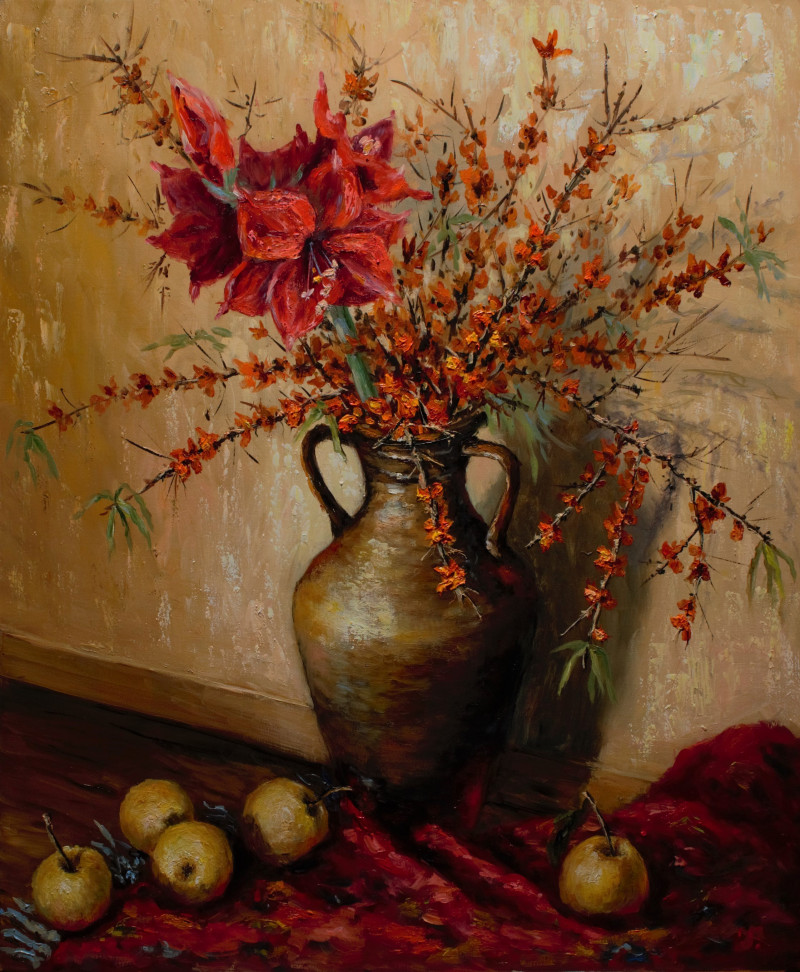 The Amaryllis Bloomed original painting by Irma Pažimeckienė. Still-Life