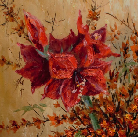 The Amaryllis Bloomed original painting by Irma Pažimeckienė. Still-Life