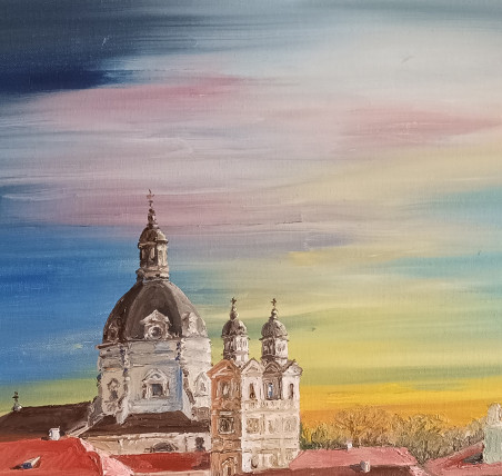 Kaunas. Monastery of Pazaislisin the Silence of the Evening original painting by Jūratė Sasnauskienė. Paintings With Kaunas (...