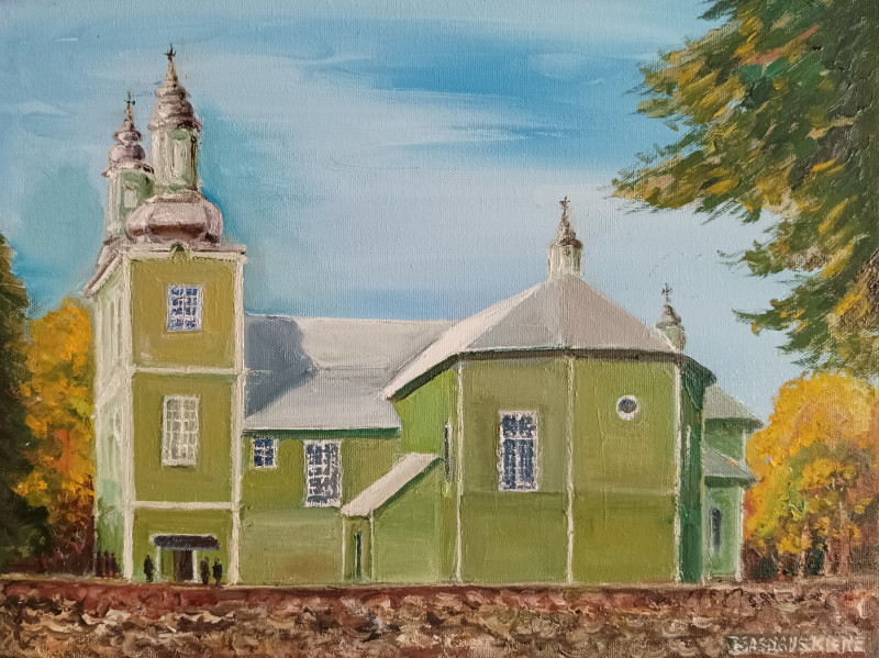 Church of Prienai original painting by Jūratė Sasnauskienė. Lithuanian Landscape Paintings