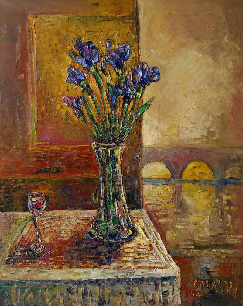 Glass Vase With Irises original painting by Simonas Gutauskas. Still-Life