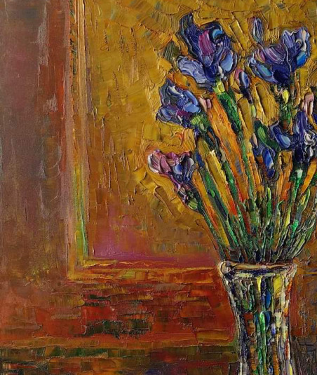 Glass Vase With Irises original painting by Simonas Gutauskas. Still-Life