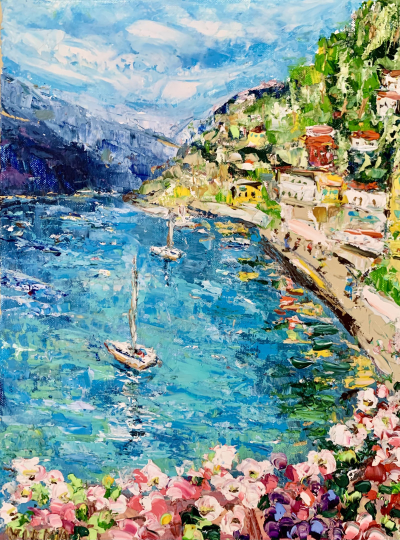 Summer at Lake Como original painting by Vilma Gataveckienė. Lithuanian Landscape Paintings