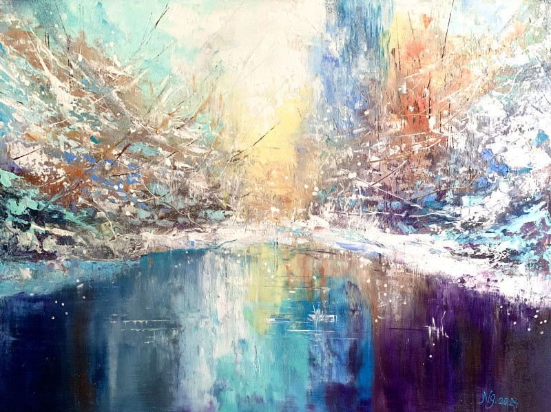 A Frozen Lake original painting by Nijolė Grigonytė Lozovska. Lithuanian Landscape Paintings