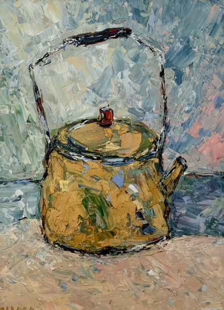 Golden Teapot original painting by Vilma Gataveckienė. Still-Life