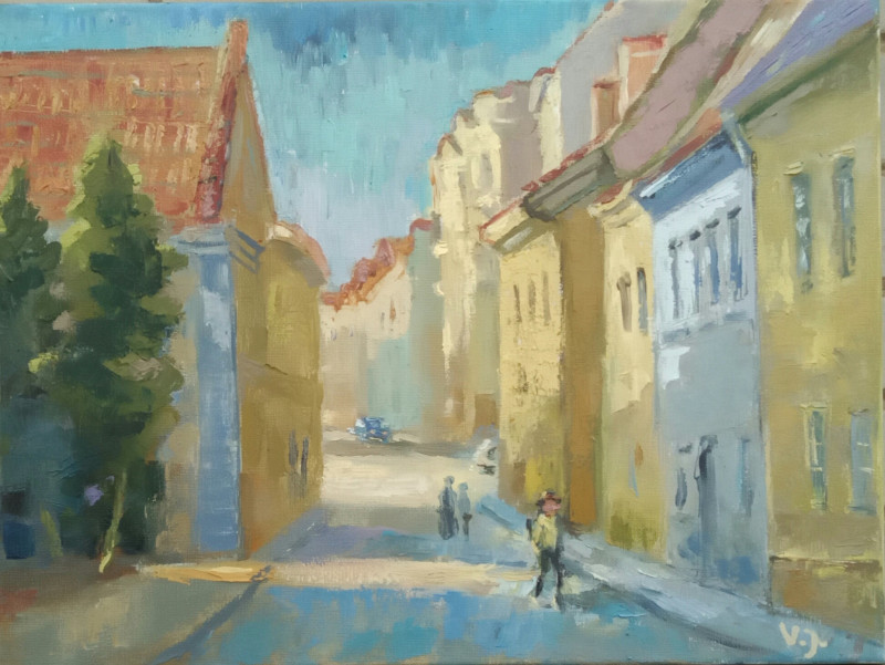 Rūdninkai Street in Vilnius original painting by Vidmantas Jažauskas. Urbanistic - Cityscape