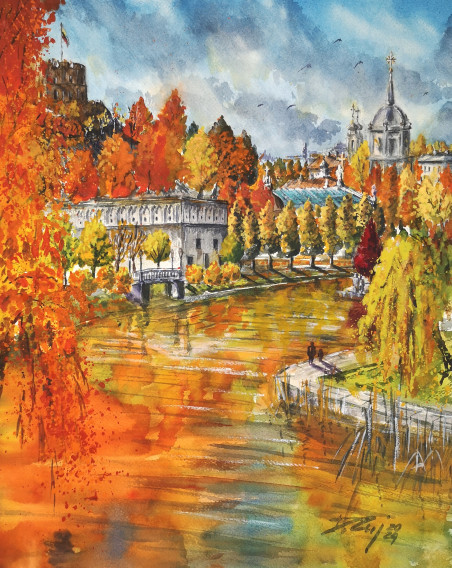 Autumn in the Capital original painting by Dmitrij Zuj. Lithuanian Landscape Paintings