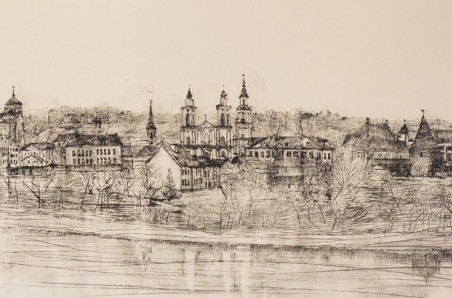 Panorama of Kaunas Oldtown from Neris Side original painting by Eugenijus Lugovojus. Home