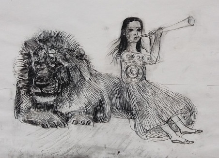 Lion and a Girl Looking After Eachother original painting by Eugenijus Lugovojus. Home