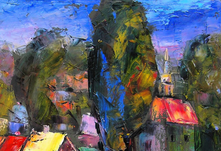 City With Chapel original painting by Leonardas Černiauskas. Home