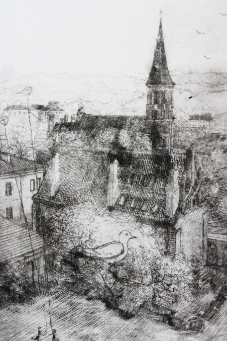 Backyard of Kaunas Oldtown II original painting by Eugenijus Lugovojus. Home