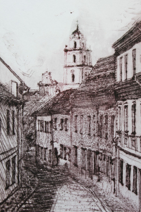 Vilnius Oldtown Street and Church of Sts. Johns original painting by Eugenijus Lugovojus. Home