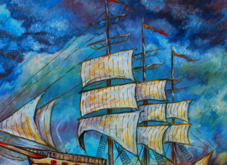 Ship In Clouds original painting by Jurga Povilaitienė. Home