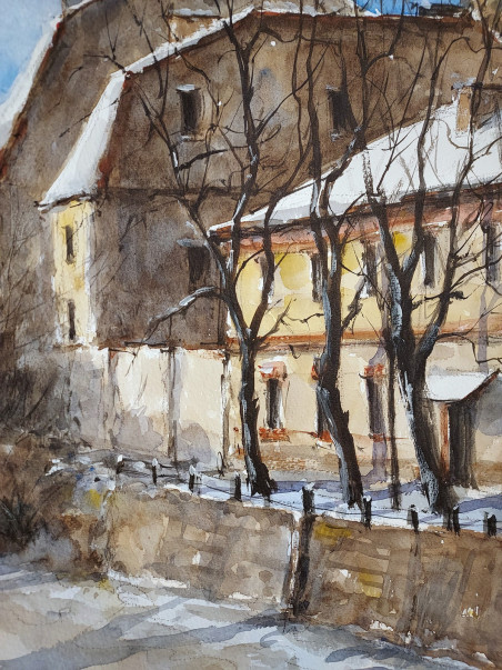 Winter beyond the river original painting by Eugis Eidukaitis. Home