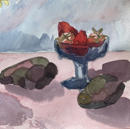 Strawberries and Avocados original painting by Gabrielė Prišmantaitė. Home