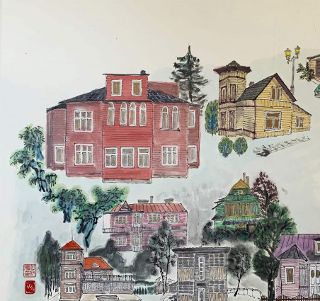 Wooden villas of Kaunas original painting by Ina Loreta Savickienė. Home