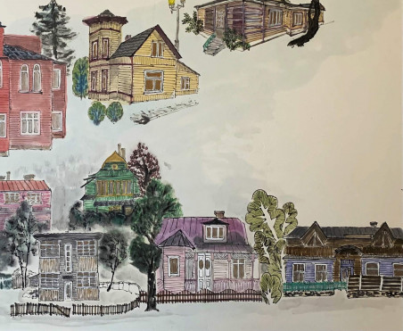 Wooden villas of Kaunas original painting by Ina Loreta Savickienė. Home