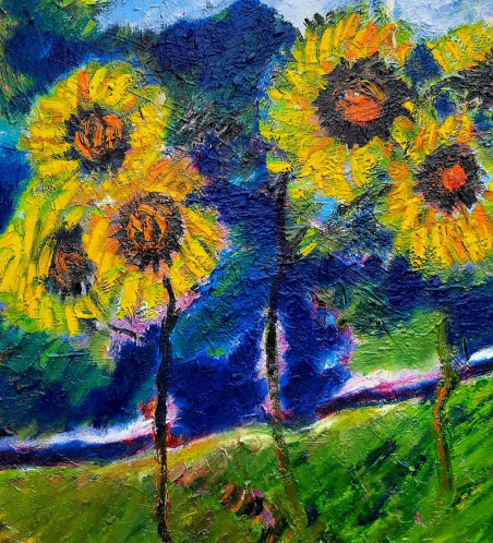 Sunflowers And Mountains original painting by Gitas Markutis. Home