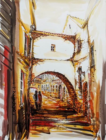 Golden Sky in Oldtown original painting by Aidas Mikelėnas. Home