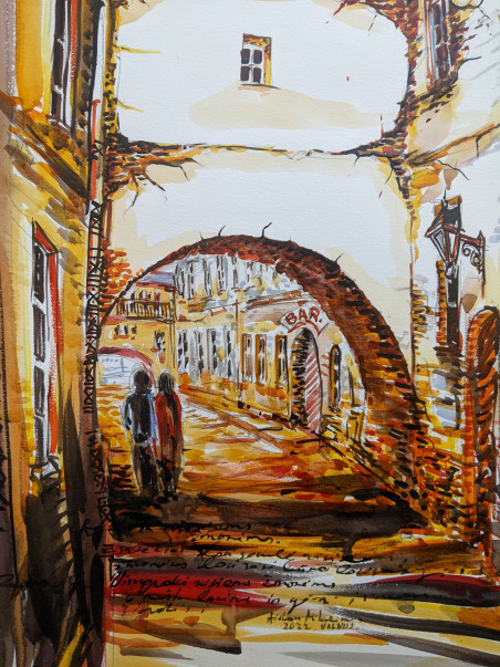 Golden Sky in Oldtown original painting by Aidas Mikelėnas. Home