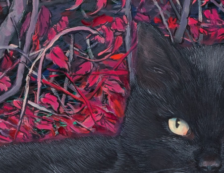 Black Cat on A Red Leaves Carpet original painting by Natalie Levkovska. Home